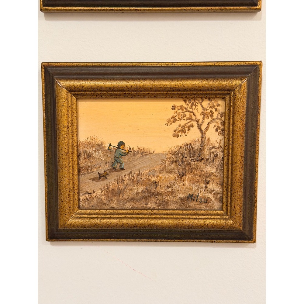 Vintage Miniature Landscape Painting of Boy, Signed - Gold Wood Frames
